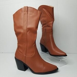 Chase & Chloe Brown/Cognac Western  Casual Chunky‎ Heel Boot Size 6.5